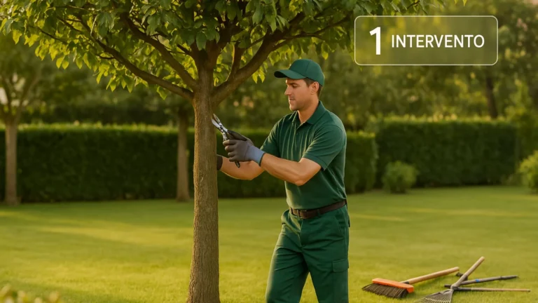 Giardiniere che pota un piccolo albero in un giardino ordinato a Udine