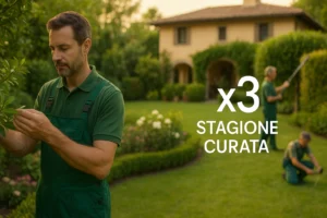 Controllo piante in un giardino privato italiano, con giardinieri all’opera in sottofondo
